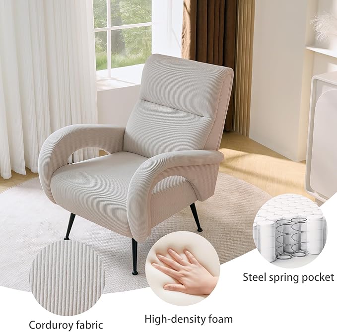 Corduroy Living Room Accent Chairs, Comfy High Back Reading Chair with Curved Arms and Solid Legs, Upholstered Armchair for Bedroom, Reading Nook, Apartment, Beige