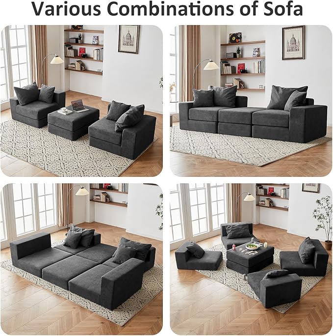 Modular Sectional Loveaeat Cloud Sofa, Boneless Couch with Non Slip Base, Cozy Sleeper Sofa for Customizable Living Spaces, Modern Modular Couch with L-Shape Chaise, Deep Seat & No Assembly, Grey