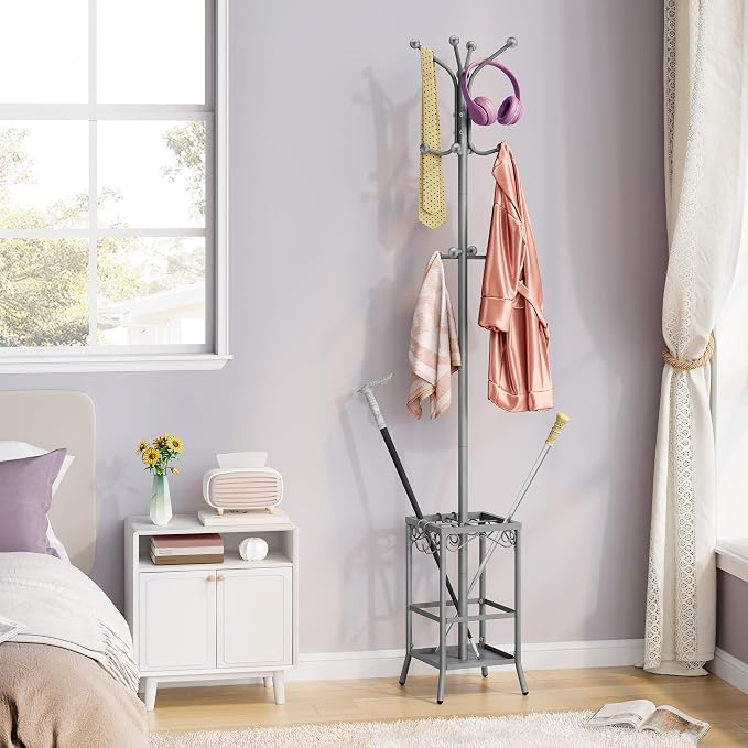 Hoctieon Coat Rack Freestanding With Umbrella Holder, Metal Coat Tree With 12 Hooks, Standing Hanger for Entryway, Hat Rack for Home Office, Gray - Image 6