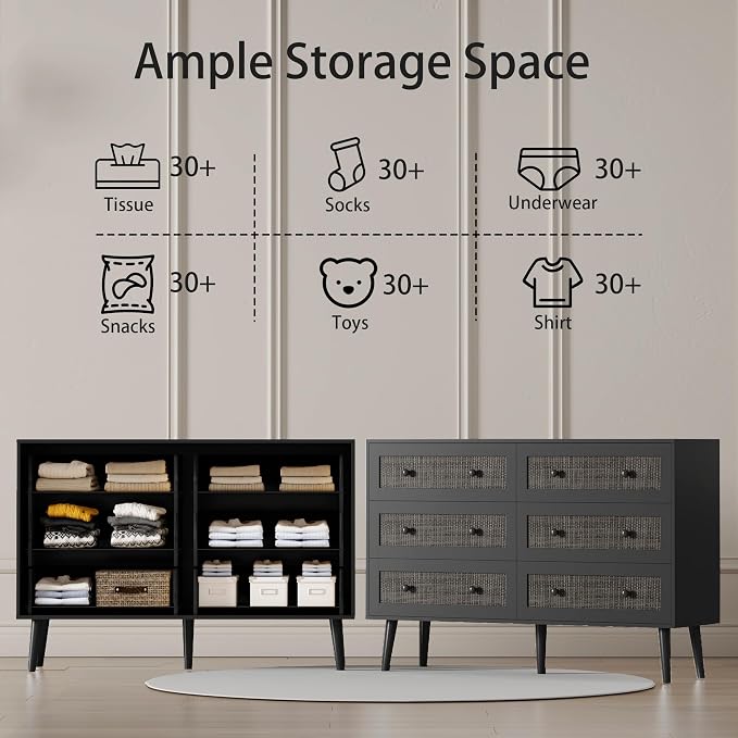 Dresser for Bedroom with 6 Drawer, Rattan Chest of Dressers, Wide Wood Double Dresser, Wooden TV Stand Closet Storage Furniture, Boho Small Clothes Organizer for Hallway, Living Room, Entryway, Black - Image 4
