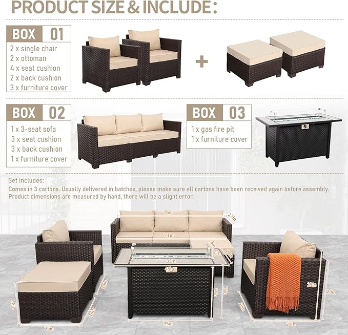 Patio Furniture Set 6-Piece Outdoor Furniture Set with 45'' Propane Gas Fire Pit Table Outdoor Conversation Set Wicker Sofa Set Non-Slip Cushions Waterproof Covers, Khaki