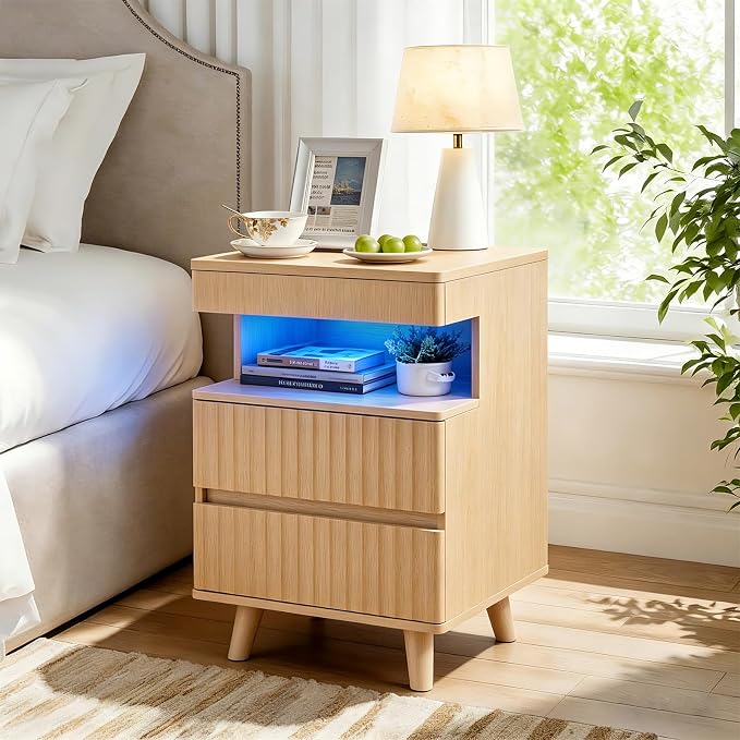 Eifizek Fluted Nightstand with LED Light & Charging Station, Modern Bed Side Table with 2 Storage Drawers & Open Shelf, Wooden End Table with Concealed Drawer for Bedroom, Living Room, Oak by Eifizek
