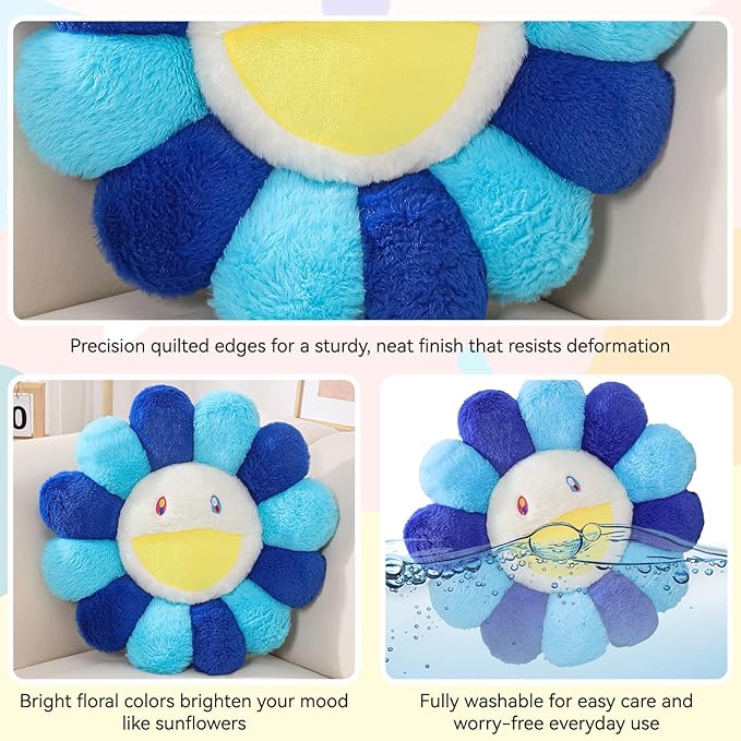 Flower Pillow,Colorful Flower Shaped Throw Pillow,Smiley Face Floor Cushions,Cute Sunflower Plush Pillows,Cute Plushie Room Decor,Mothers Day Decorative Pillows for Bed,Couch,Sofa,Car (Blue,15.7In)