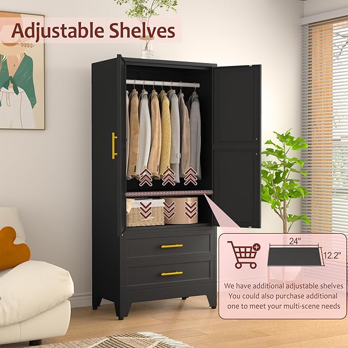 winiowa Metal Armoire Wardrobe Closet with 2 Drawers, 71" Wardrobe Cabinet with Adjustable Shelves and Hanging Rod, Clothing Storage Cabinet Closet for Bedroom-Black