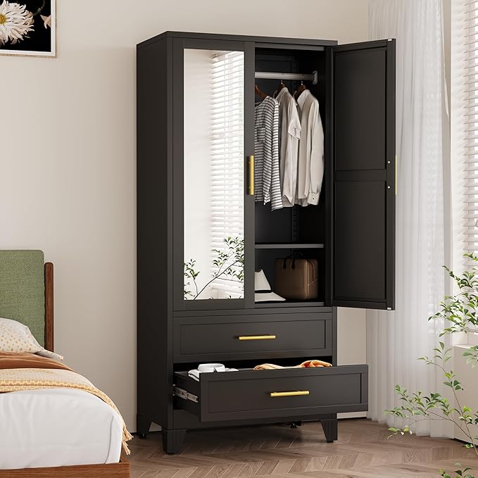 winiowa Metal Armoire Wardrobe Closet with 2 Drawers, 71" Wardrobe Cabinet with Adjustable Shelves and Hanging Rod, Clothing Storage Cabinet Closet with Mirror for Bedroom-Black