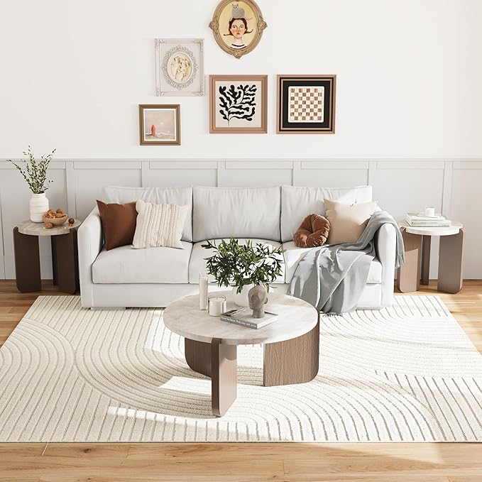 COSIEST Modern Round Coffee Table & 2 Side Tables Set, Faux Marble Wood Top, Walnut & Cream White Legs, Minimalist Living Room Center & Accent Tables(3 PCS)