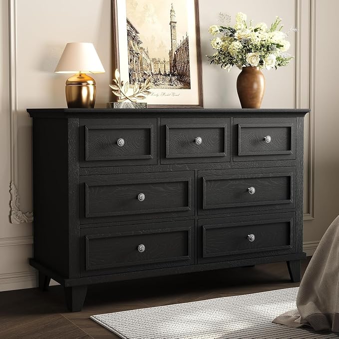 GAOMON Black Dresser, 7 Drawer Dresser for Bedroom, 47" W Chest of Drawers with Deep Drawers, Closet Dressers with Metal Handle, Thickened Desktop, Wood Rustic Drawers for Hallway, Entryway, Closet by GAOMON