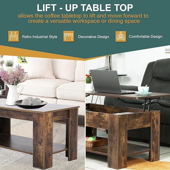 PayLessHere Coffee Table Lift Top Coffee Tables with Hidden Compartment and Storage Shelf Wooden Lift Tabletop Dining Table for Living Room Home (Brown, 39" D x 28" W x 24" H)