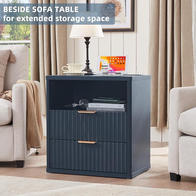 LEYAOYAO Fluted Nightstand with Charging Station, 23" Wide 2 Drawers End Table,Night Stand with Open Storage Cabinet, Farmhouse Bed Side Tables, Wood Dresser for Bedroom, Living Room, Closet, Blue - Image 8