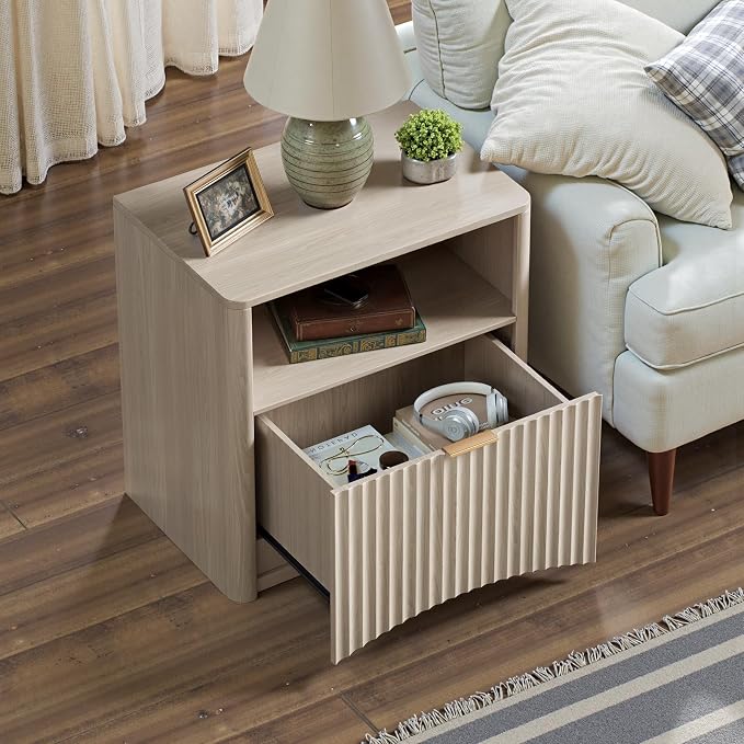 Evermagin Fluted Nightstand Set of 2, Bedside Table with Drawer and Storage, Wood End Table Mid Century Modern, Large Night Stand for Bedroom, White Alder - Image 6