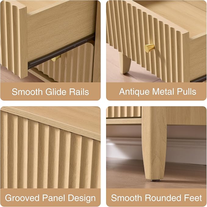 Fluted Nightstand with Charging Station Set of 2, 27.3" Wide Modern Bedside Table with 2 Drawers & Open Shelf, Large Wood End Table with Storage & Metal Handle for Bedroom, Natural Wood - Image 6