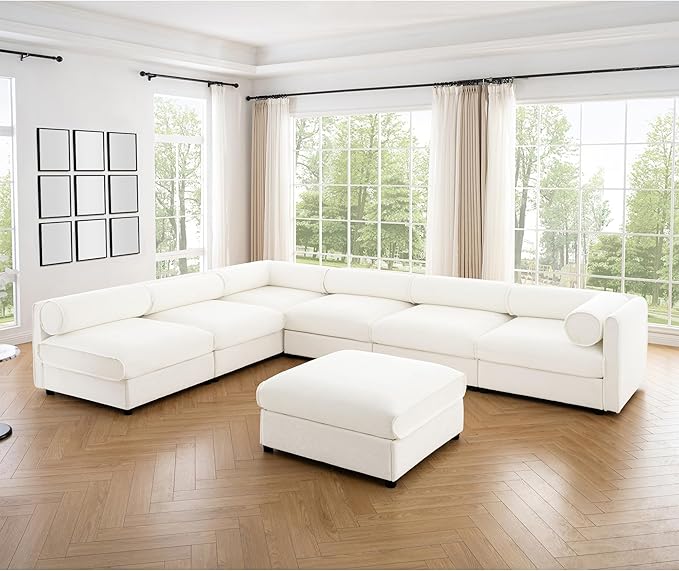 KEIKI 143" Large Modular Chenille Sectional Sofa with Storage Seat, 1 Ottoman, Modern Style 6-Seater Couch with Cylindrical Backrest and 1 Armrests, Easy Assembly, for Apartment, Living Room, White