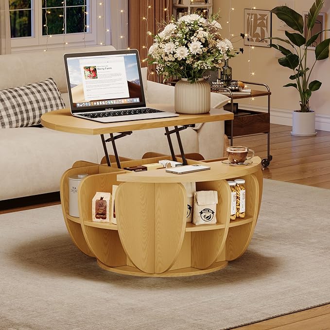 32.7" Lift Top Coffee Table with Storage, Natural Wood Round Center Table with Hidden Storage Compartment & Shelves, Mid Century Modern Coffee Tables for Living Room Rustic Accent Small Center Table