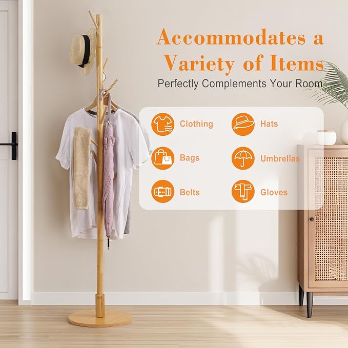 VECELO Coat Rack Freestanding, Entryway Hanger Stand, Umbrella Holder, Hall Tree With Hooks, Floor Standing Metal Tree Stand,Light Wood - Image 8