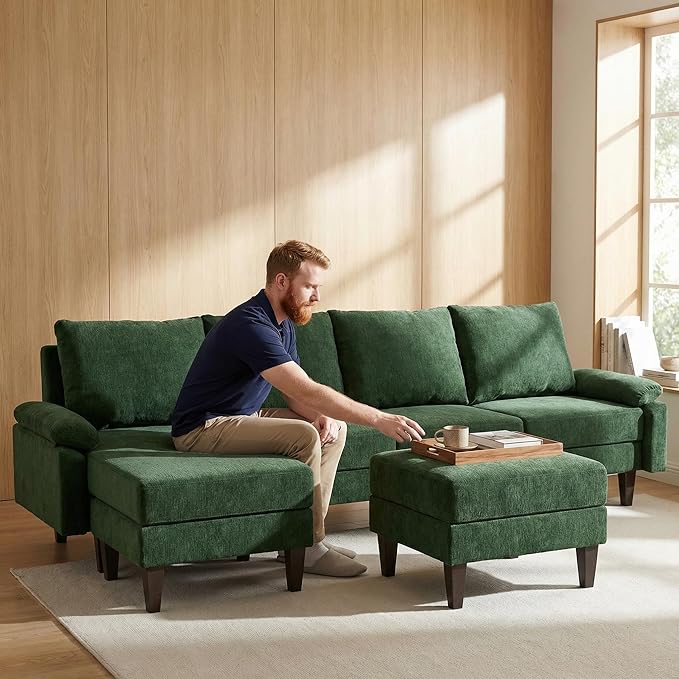 Modern L-Shaped Sectional Sofa with Storage Ottoman, Apartment Sectional Couch with Left Facing Chaise, 3-Piece Living Room Sofa Set, 115 Inch Furniture, Green
