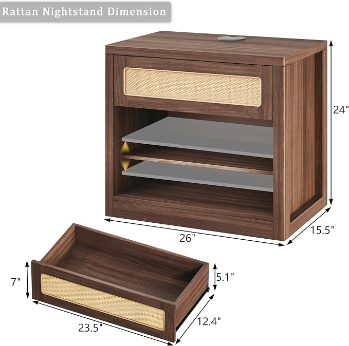 Rattan Nightstands Set of 2, Night Stand with Wireless Charging, Mid Century Modern Bedside Table with Drawer & Open Shelf, Curved Profile Design, End Side Table with Storage for Bedroom, Living Room - Image 2