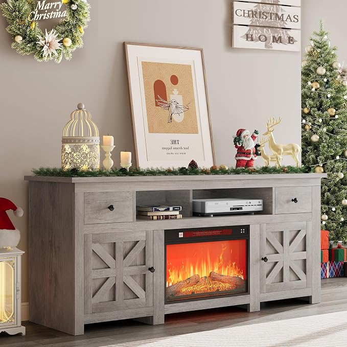 YITAHOME Electric Fireplace TV Stand for TVs up to 80 Inches, Entertainment Center with Fireplace, Farmhouse TV Stands with Storage Drawers & Cabinets for Living Room (Grey Oak) by YITAHOME