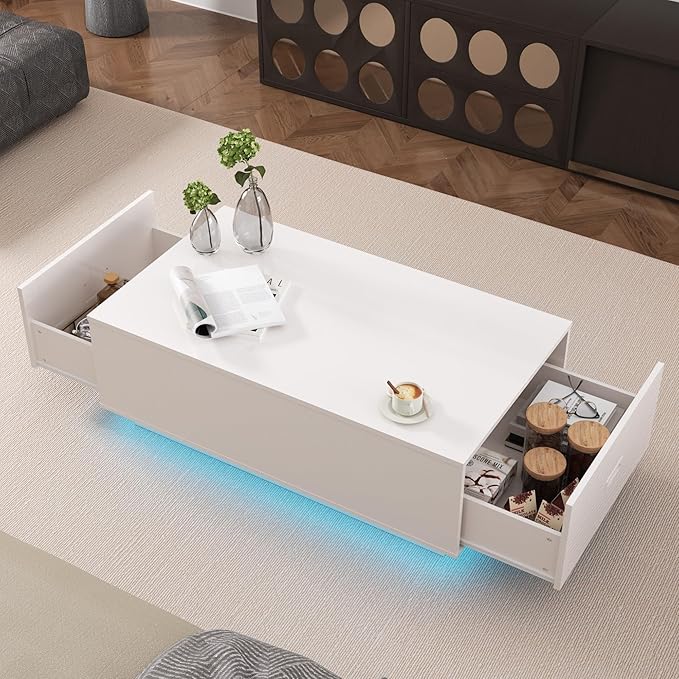 41" LED Coffee Table with 2 Drawers - High Gloss White Modern Table with Lighting for Living Room (41.33" W x 23.62" D)