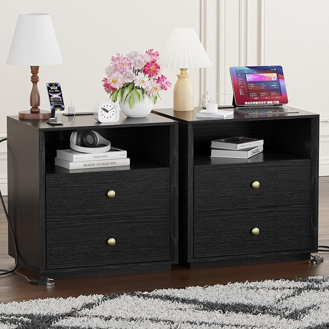Black Nightstand with Charging Station Set of 2, Wide Bedside Table with 2 Storage Drawer and Open Wood Shelf, Night Stand for Bedroom, Side Table, End Table, Black by HOCAT