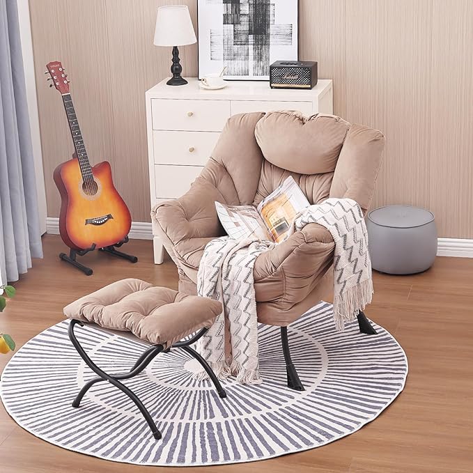 Lazy Chair and Ottoman, Large Velvet Brown Accent Chair with a Side Pocket, Modern Leisure Upholstered Sofa Reading Armchair with Footrest for Office, Bedroom, Living Room, Dorm Rooms, Balcony