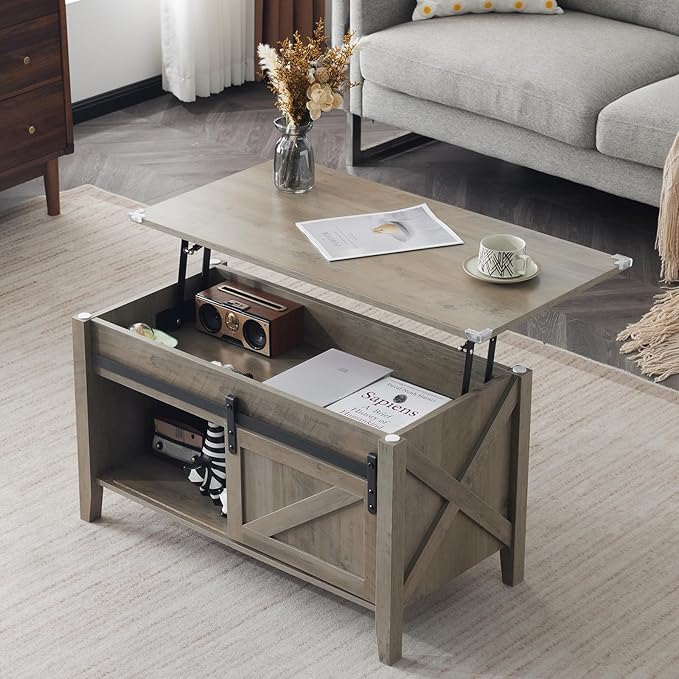 VINGLI Farmhouse Lift Top Coffee Table, Rustic Grey with Storage Shelf/Hidden Compartment, Mesa De Centro para Sala, Rustic Brown (Grey, 36" L)