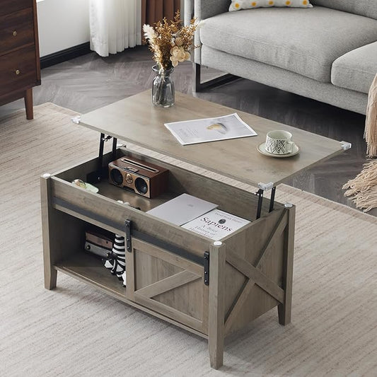 VINGLI Farmhouse Lift Top Coffee Table, Rustic Grey with Storage Shelf/Hidden Compartment, Mesa De Centro para Sala, Rustic Brown (Grey, 36" L)