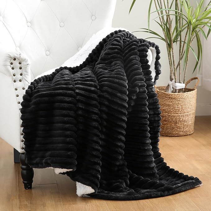 Black Sherpa Fleece Throw Blanket 108”×90” for Couch Sofa Bed,Super Soft Cozy Plush Double Side Thick Flannel Blanket with Striped Design Lightweight for Adults,Woman,Girls
