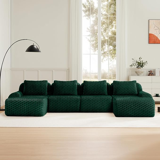 146" U-Shaped Compressed Sectional Cloud Sofa, Flannel Upholstered Modular Deep Seat Sofa with 6 Pieces, Symmetrical Boneless Foam Modular Cloud Couches for Living Room