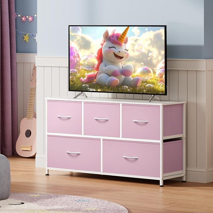 WLIVE Dresser for Bedroom with 5 Drawers, Wide Chest of Drawers, Fabric Dresser, Storage Organizer Unit with Fabric Bins for Closet, Living Room, Hallway,A-Pink - Image 2