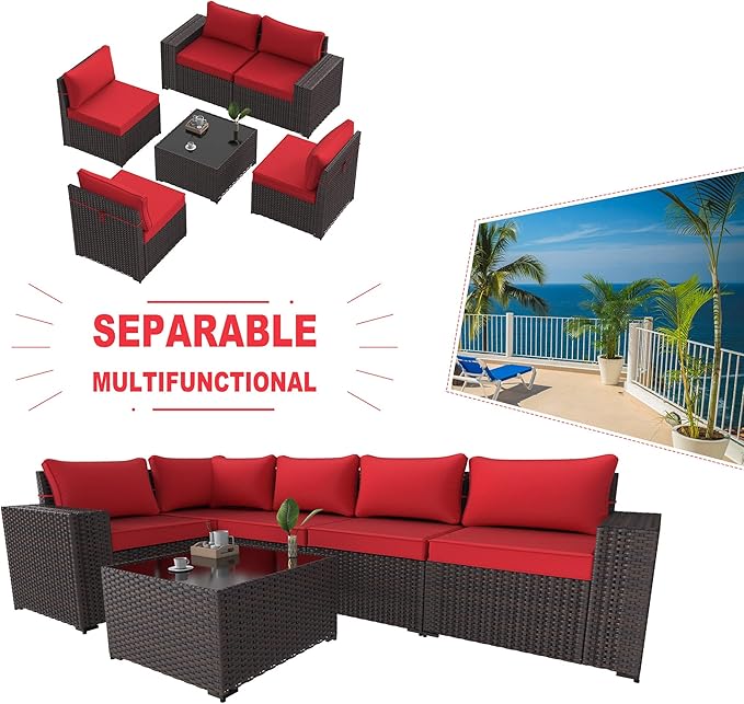 Kullavik Outdoor Patio Furniture Set 6 Pieces Sectional Rattan Sofa Set Brown PE Rattan Wicker Patio Conversation Set with 5 Seat Cushions and 1 Tempered Glass Table, Red