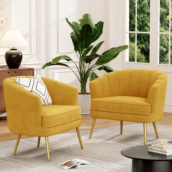Andeworld Velvet Accent Chair Set of 2, Upholstered Modern Single Sofa Side Chair,Comfy Barrel Club Living Room Armchair with Golden Metal Legs for Bedroom Living Reading Room Office, Yellow