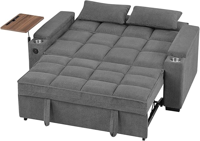 Eafurn Convertible Sleeper Sofa Bed with 360° Swivel Table & USB Ports, Tufted Chenille Loveseat Pull-Out Couch with Storage Armrest & Cup Holders, 6-Level Adjustable Backrest