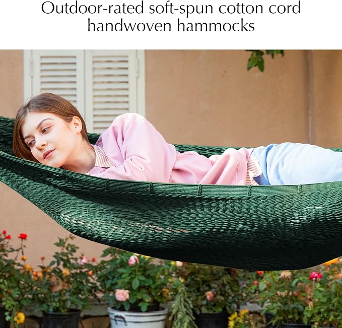 PNAEUT Handwoven Mayan Hammock, Thick Soft Rope Double Hammock for Outdoor Outside & Indoor, 600 lbs Capacity Heavy-Duty, Includes Tree Straps, Carabiners & Carrying Bag (Forest Green, X-Large) - Image 4
