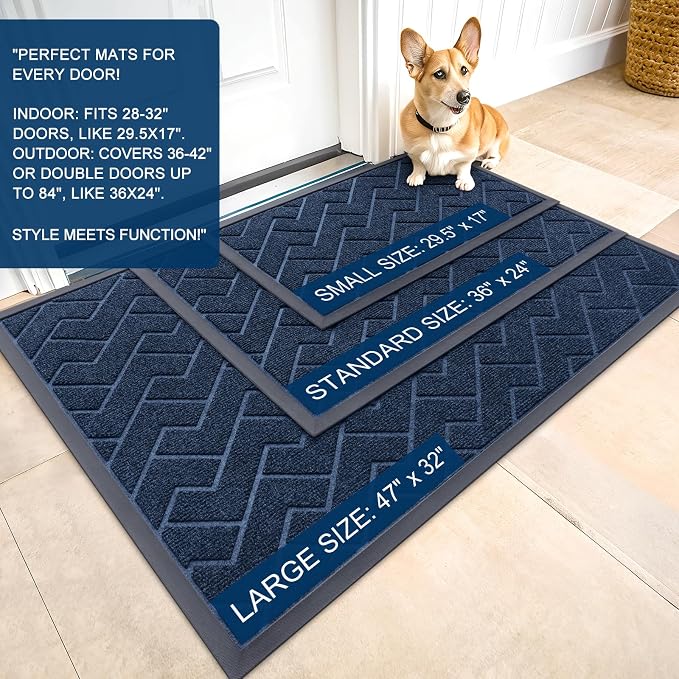 OLANLY Front Door Mat Indoor Outdoor Entrance, Waterproof All-Season, All-Weather Doormat, Sturdy Natural Rubber, Low Profile, Easy Clean Patio Porch Entryway Mat, Herringbone Brick (Blue, 47x23) - Image 2