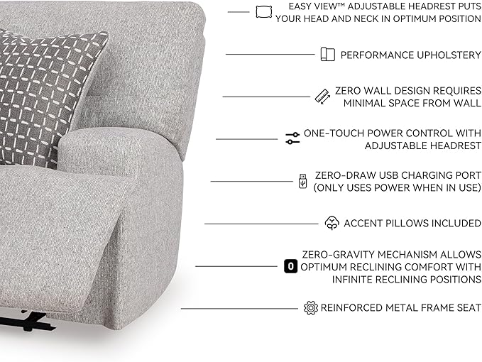 Signature Design by Ashley Acklen Place Stain Resistant Modern L-Shaped Left-Arm Facing 3-Piece Power Reclining Sectional with Adjustable Headrest, USB Ports and 2 Accent Pillows, Light Gray