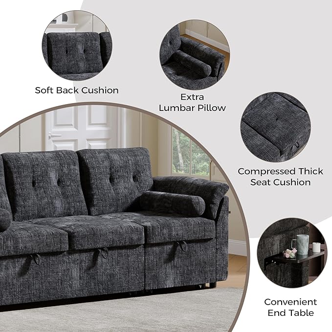 3 in 1 Convertible Sofa Bed, Chenille Pull Out Couch with Side Table, 3 Seat Pull Out Sofa Bed with Level Adjustable Backrest, Comfy Sleeper Sofas for Living Room, Apartment, Black