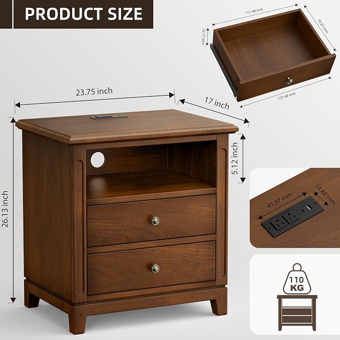 Farmhouse Nightstand with Charging Station, Solid Wood End Table with 2 Large Drawers & Open Shelf, Bedside Table with USB Ports and Outlets, Rustic Wood for Bedroom - Image 2