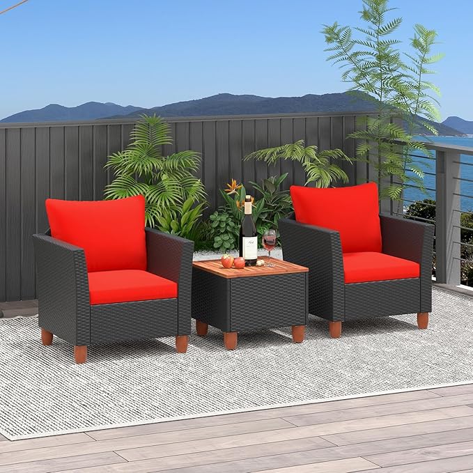 ORALNER 3 Pieces Patio Furniture Set, Outdoor Wicker Conversation Chairs with Cushion, Acacia Coffee Table, Rattan Bistro Set for Balcony Garden Backyard Front Porch Poolside (Red)