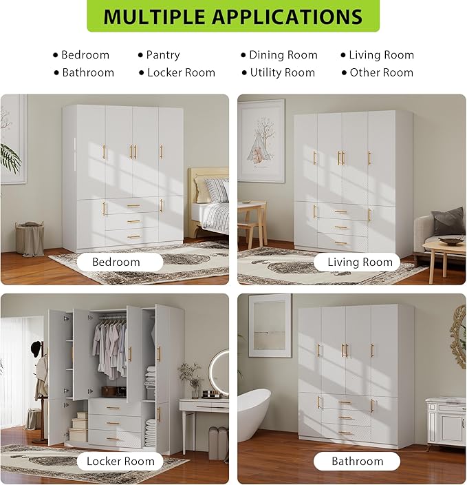 Armoires Wardrobe Closet Wood: Large Wardrobe Closet 4 Door White Storage Cabinet with 3 Drawers, Shelves and 2 Hanging Rods for Hanging Clothes