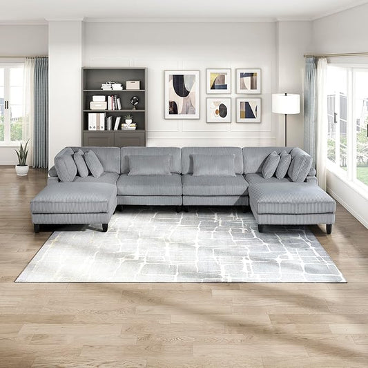 Lexicon 160 Inch Modular Sectional Sofa - Oversized 6 Seater Corduroy U Shaped Sectional Couch, 6 Accent Pillows, and Flexible Arrangement for Modern Living Rooms, Gray