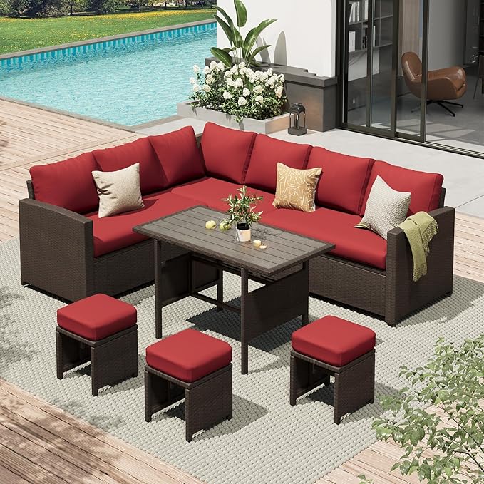 AECOJOY Outdoor Patio Furniture Set, 7 Pieces Clearance Sectional Rattan Dining Table&Chairs, All Weather Wicker Conversation Sofa Couch with Ottoman, Wine Red Cushions&Brown Rattan