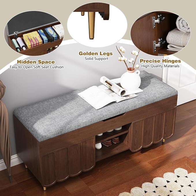 3More 40" Entryway Shoe Storage Bench,Upholstered Hidden Space Beneath Seat Cushion Bench,2-Tier Unique Geometric Shape with Wood Grain,Walnut - Image 8
