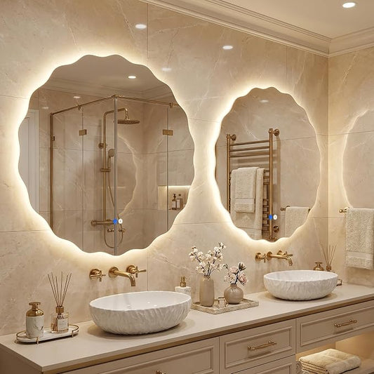 Round Led Bathroom Mirror- 32" Wavy Vanity Mirror with Lights IP54 Enhanced Anti-Fog,Single Piece 3 Colors Dimmable, Memory,Tempered Glass,UL Listed by Dorlicecass