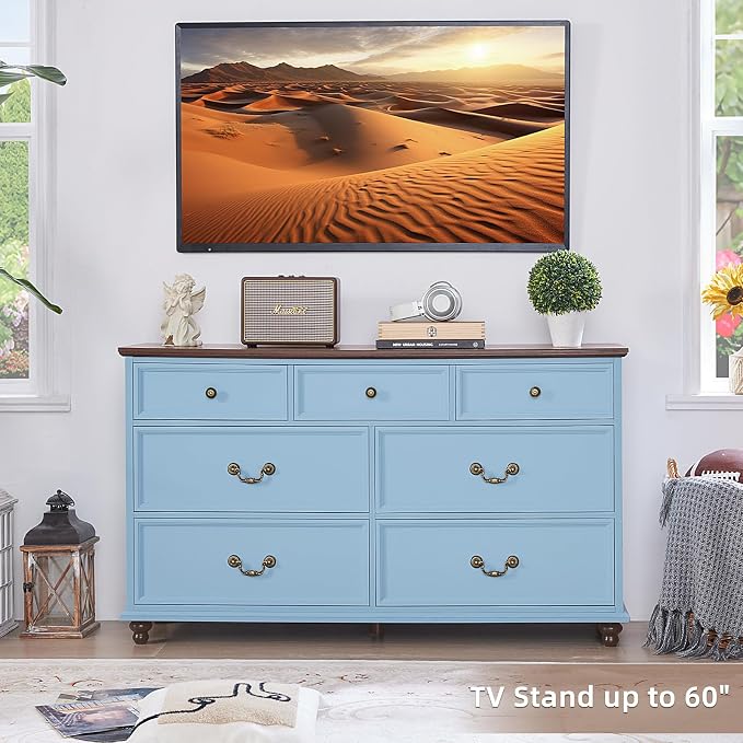 Joaxswe Farmhouse 7 Drawers Dresser for Bedroom, Light Blue 54 Inch Wide Chest of Drawers w/ 4 Wooden Legs, Large Vintage Rustic Closet Dressers for Living Room, Wood TV Stand with Storage Organizer - Image 6