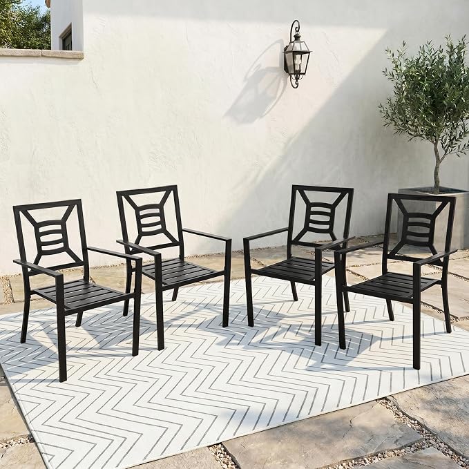 Patio Dining Chairs Set of 4, Stackable Metal Patio Chairs with High Back for Deck Bistro Porch Lawn, Black Wrought Iron Outdoor Dining Chairs - Image 2