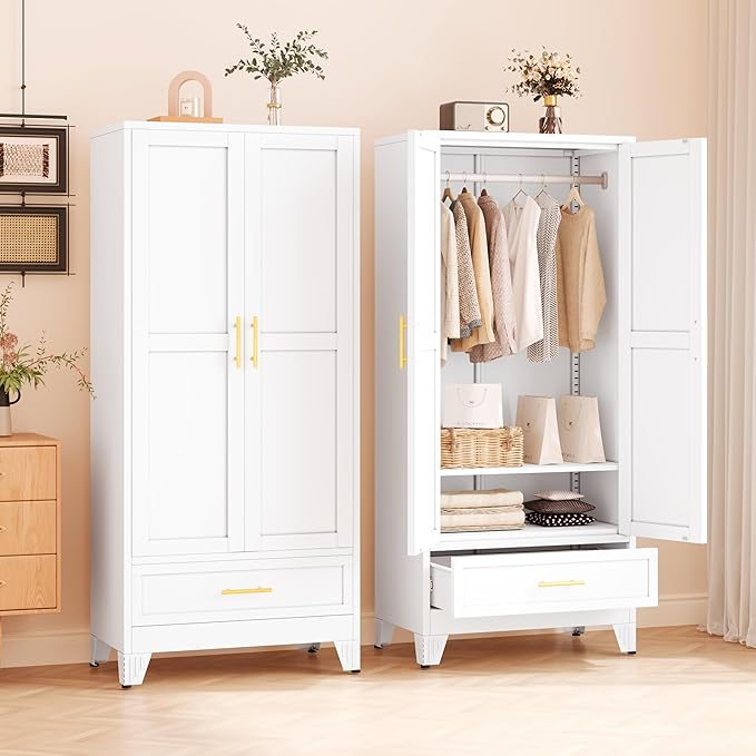 winiowa Metal Armoire Wardrobe Closet with Drawer, 71" Wardrobe Cabinet with Adjustable Shelves and Hanging Rod, Clothing Storage Cabinet Closet for Bedroom-White