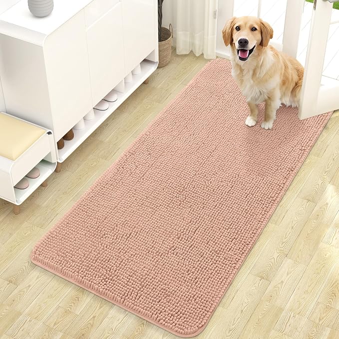 OLANLY Dog Door Mat for Muddy Paws 47x24, Absorbs Moisture and Dirt, Absorbent Non-Slip Washable Doormat, Quick Dry Chenille Mud Mat for Dogs, Entry Indoor Entryway Carpet for Inside Floor, Peach by OLANLY