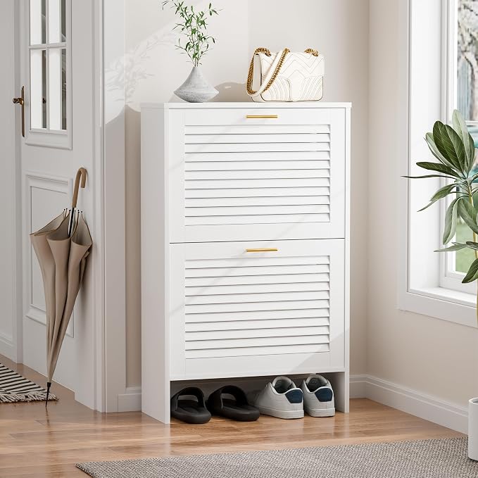 Shoe Cabinet Storage, Hidden Shoe Organizer, Modern Freestanding Organizer with 2 Flip Drawers Louvered Shoe Cabinet for Entryway (White, 2 Drawers) - Image 6