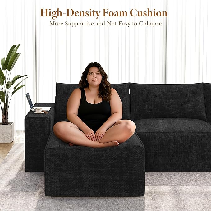 Vesgantti 143.7" Boneless Couch for Living Room, 6 Seater Modular Sectional Sofa with Ottoman & Deep Seat, Convertible Chenille Oversized Cloud Couches, No Assembly Required, Black