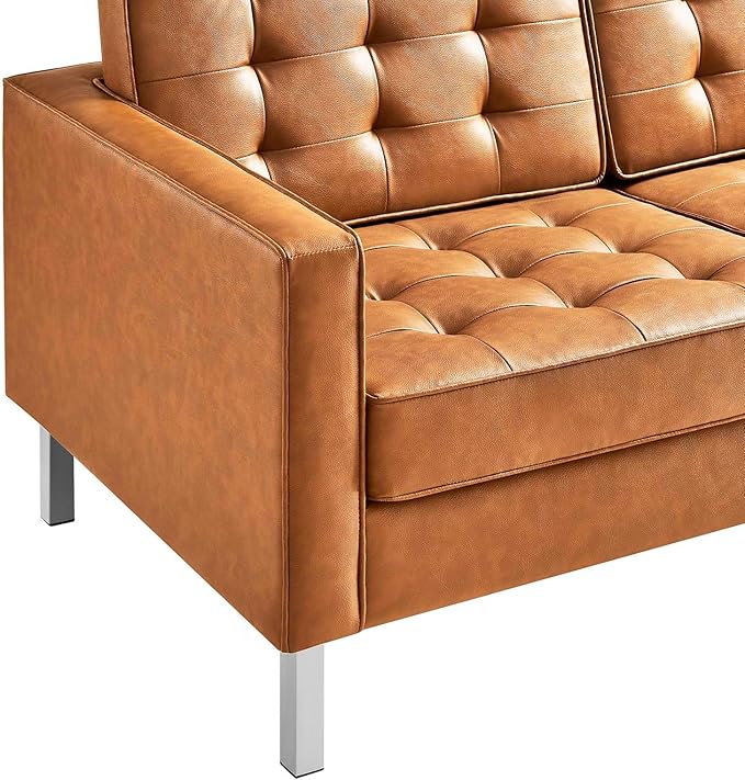Modway Loft Tufted Button Faux Leather Upholstered Sofa in Silver Tan